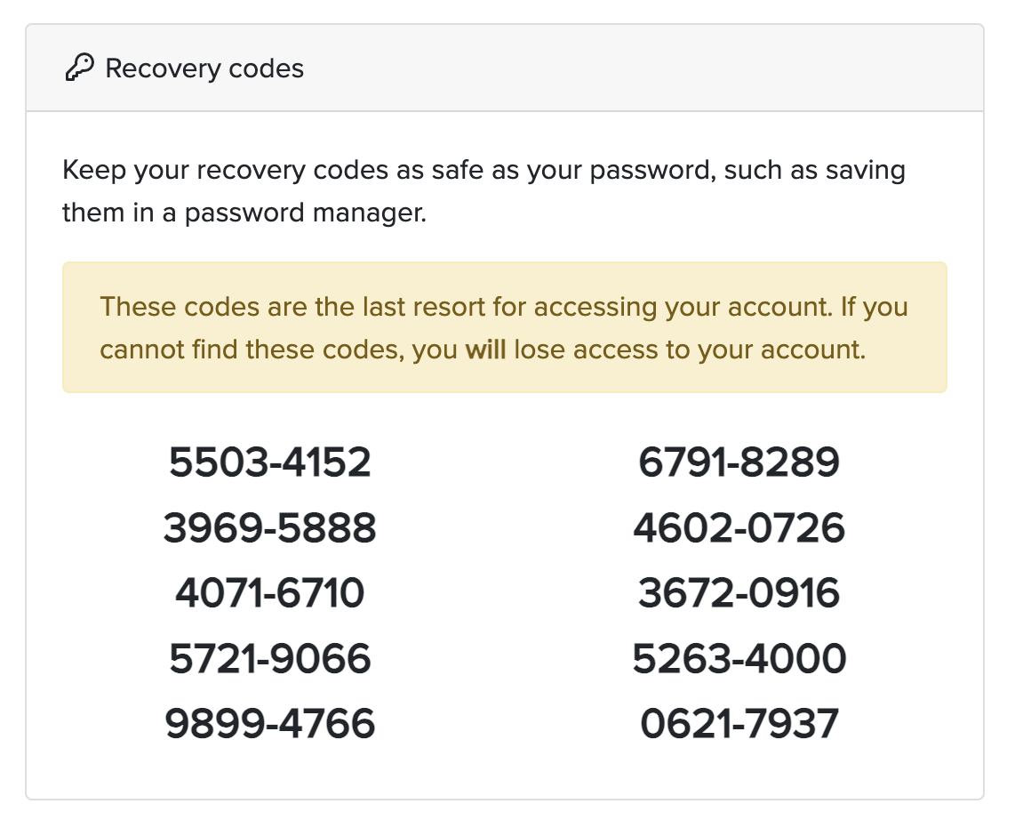 Two-factor authentication recovery codes
